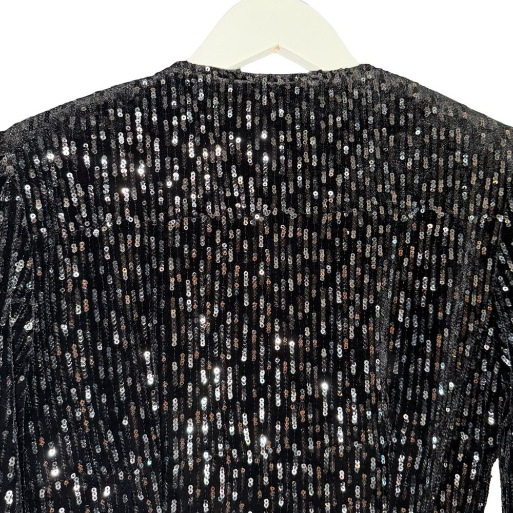 Maje NWOT Rivy Sequin Mini Dress Silver Black Velvet Wrap Long Sleeve Size 4 - Picture 10 of 12